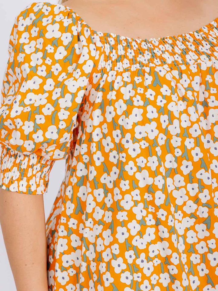 PLUS SIZE SHORT SLEEVE SMOCK NECK FRONT POCKETS FLOWER PRINT MINI DRESS