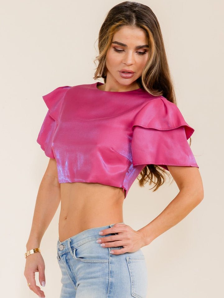 WOMEN'S SHORT RUFFLE SLEEVE CROP TOP