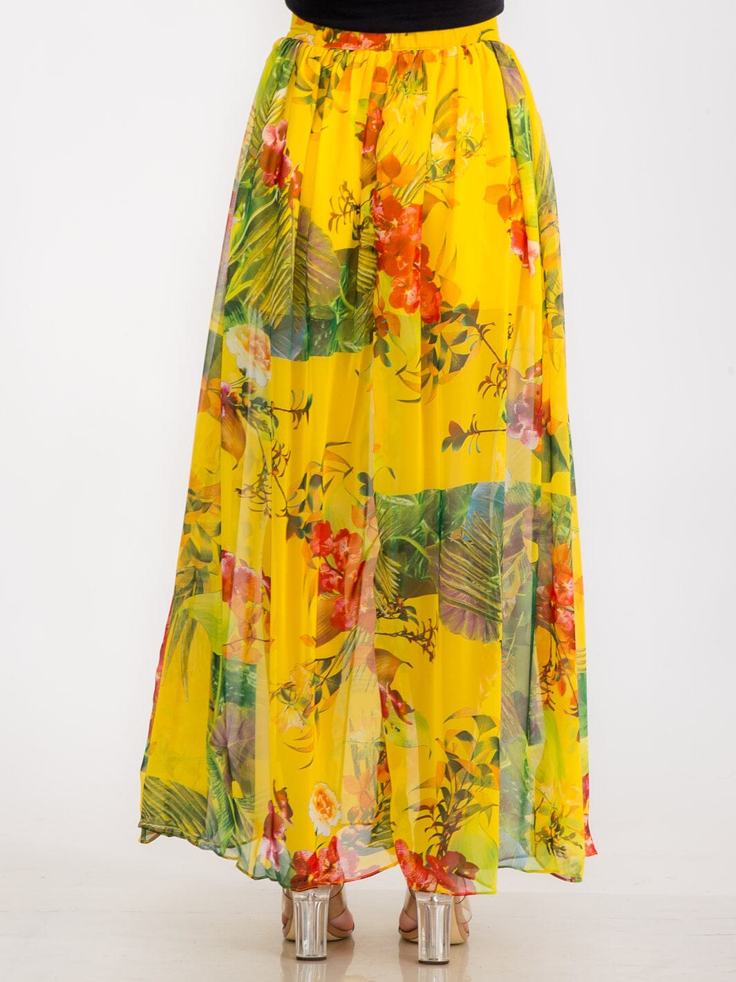 WOMEN'S ELASTIC WAIST FRONT SLIT FLORAL MAXI SKIRT