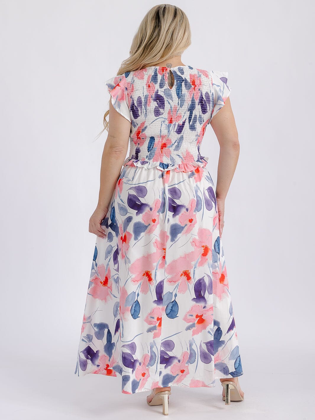 PLUS SIZE SHORT RUFFLE SLEEVE SMOCK FLORAL MAXI DRESS