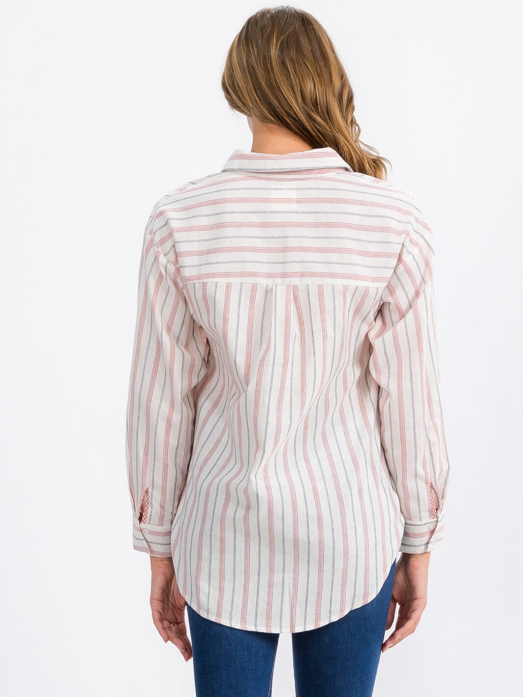 WOMEN'S LONG SLEEVE FRONT POCKET BUTTON UP STRIPES TOP