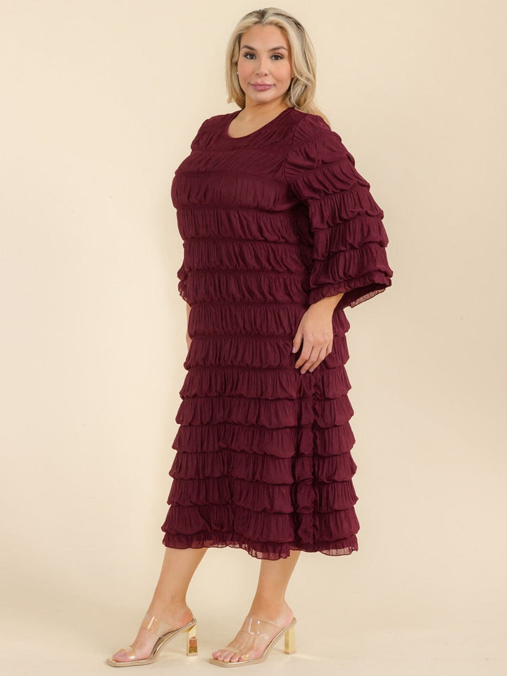 PLUS SIZE 3/4 SLEEVE TIERED RUCHED MAXI DRESS