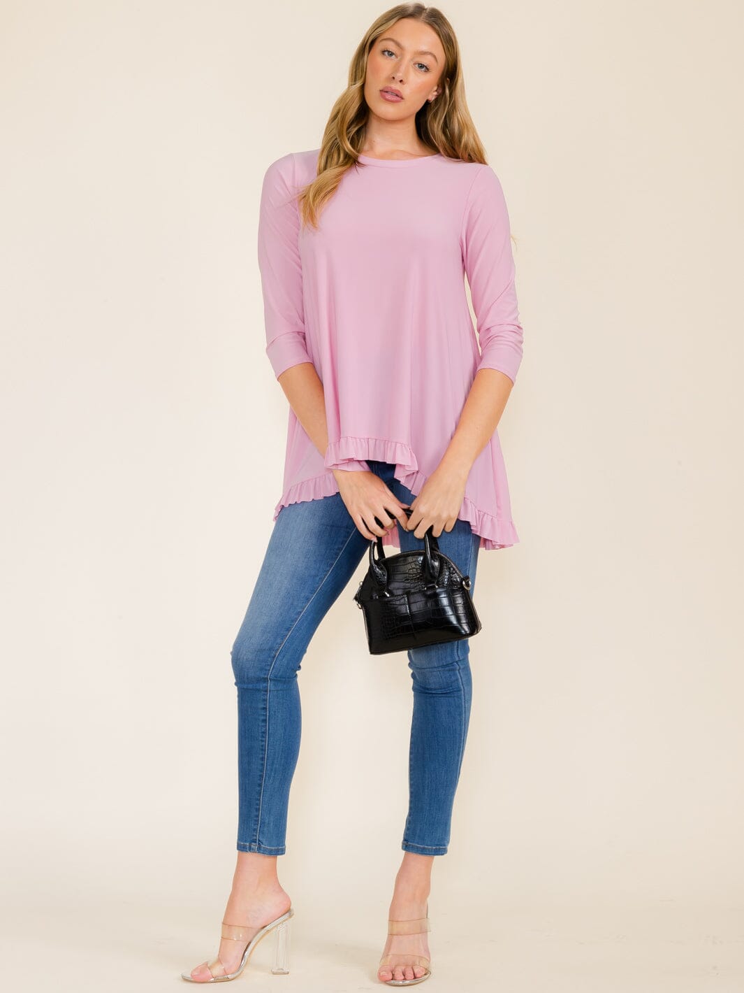 WOMEN'S 3/4 SLEEVES RUFFLE BOTTOM HEM TUNIC HIGH-LOW TOP