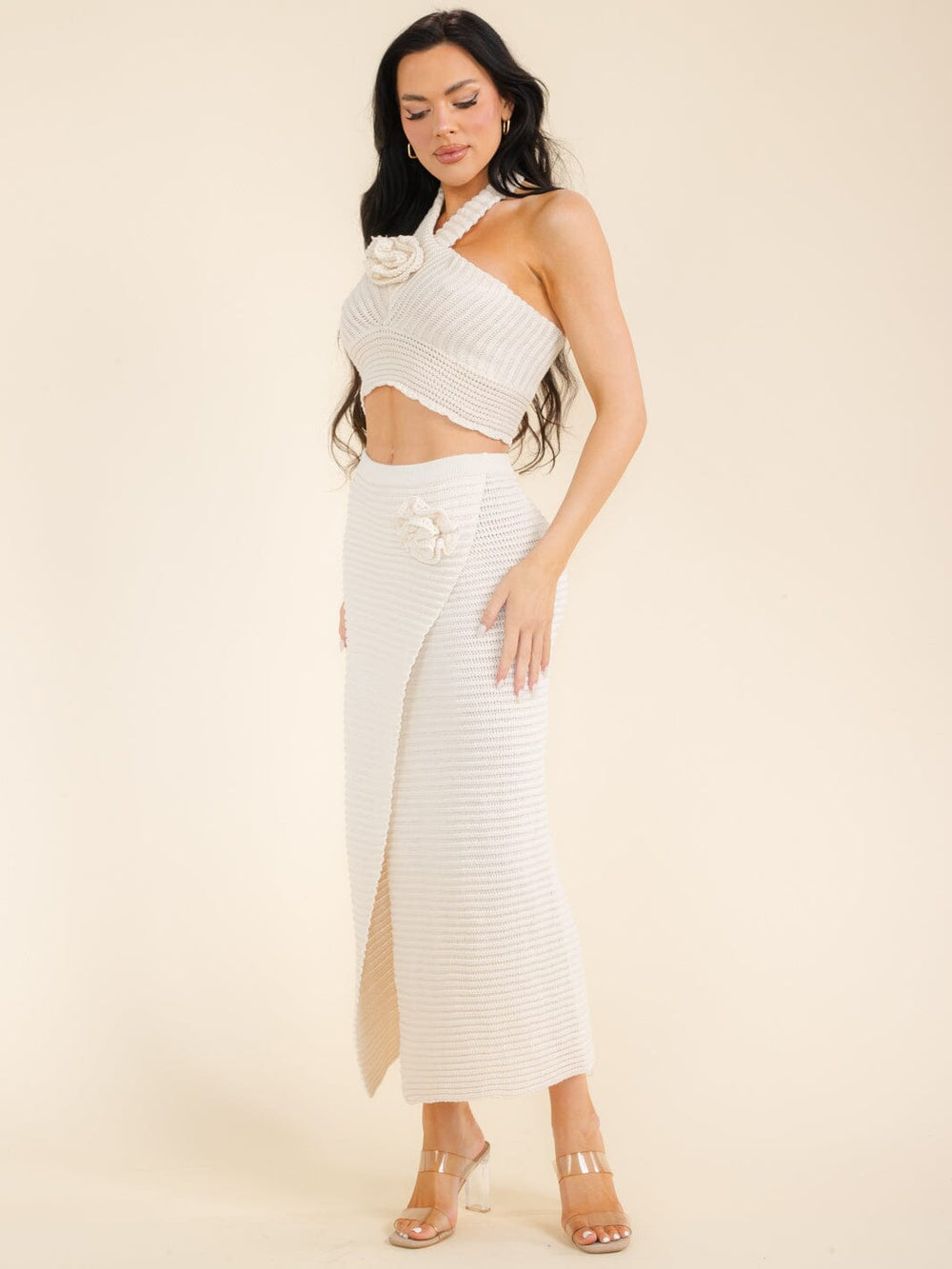 WOMEN'S ELASTIC WAIST SURPLICE FLOWER KNIT MAXI SKIRT