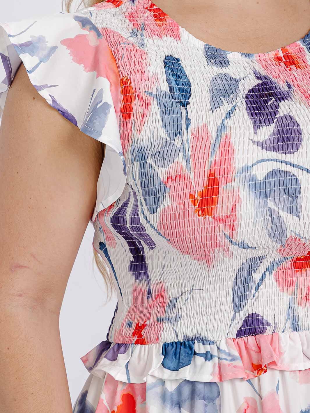 PLUS SIZE SHORT RUFFLE SLEEVE SMOCK FLORAL MAXI DRESS