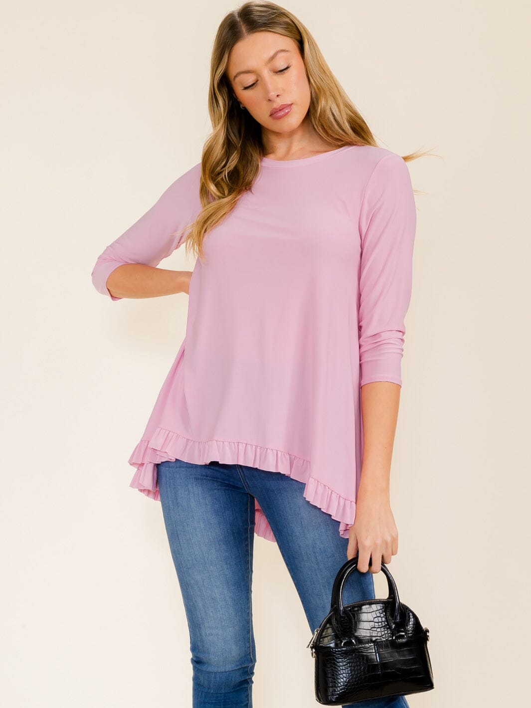 WOMEN'S 3/4 SLEEVES RUFFLE BOTTOM HEM TUNIC HIGH-LOW TOP