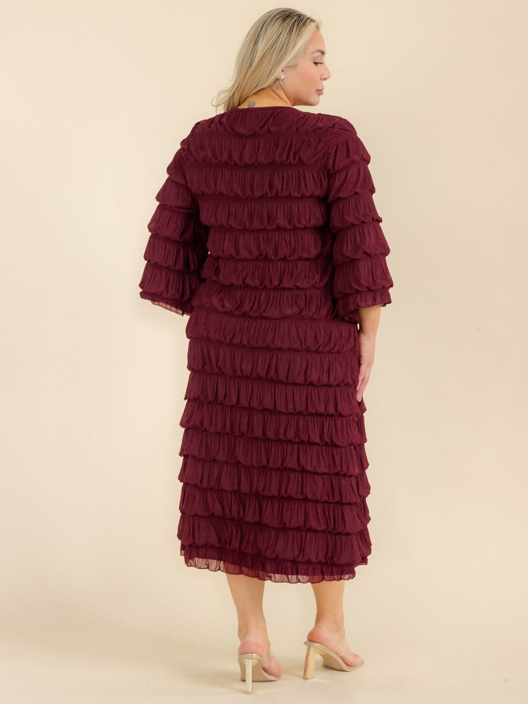 PLUS SIZE 3/4 SLEEVE TIERED RUCHED MAXI DRESS