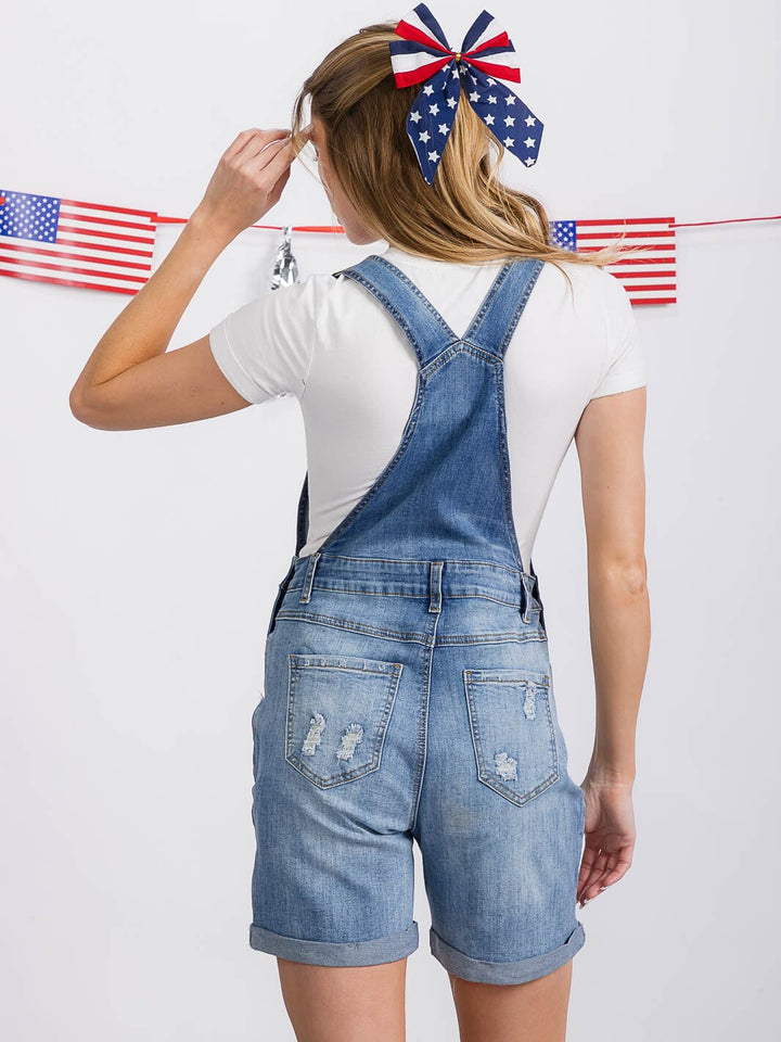 WOMEN'S BUTTON CLOSURE POCKETS DISTRESS AMERICAN GLAG DENIM OVERALL