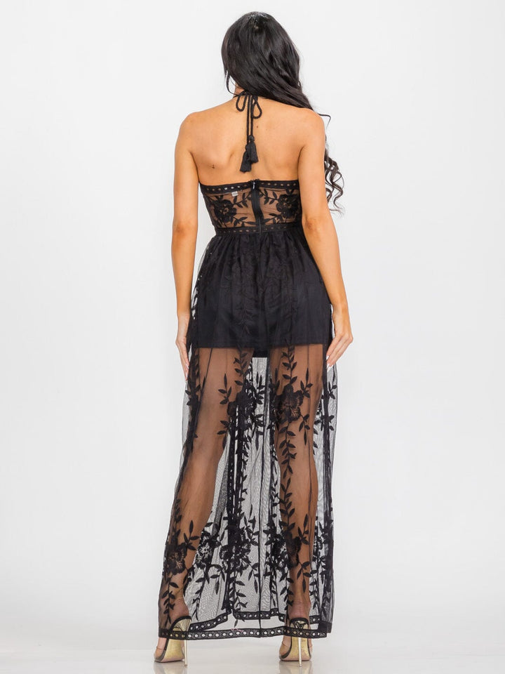 WOMEN'S SLEEVELESS HALTER NECK ALL OVER LACE MAXI DRESS