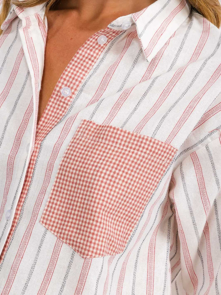 WOMEN'S LONG SLEEVE FRONT POCKET BUTTON UP STRIPES TOP