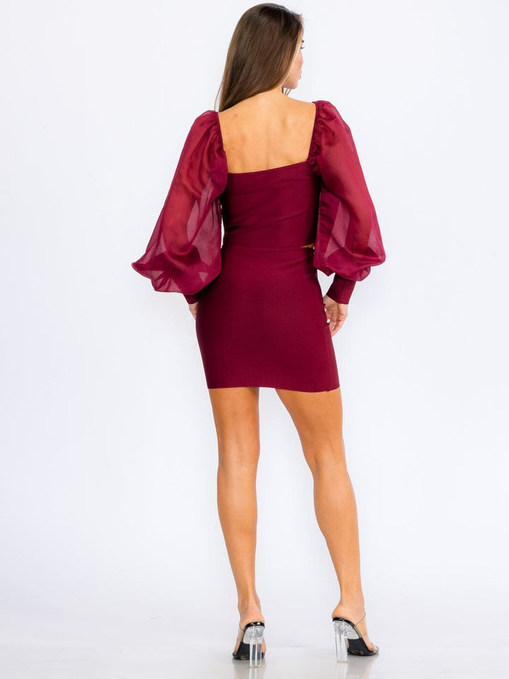 WOMEN'S LONG SLEEVE CROP TOP & ZIP UP MINI SKIRT BANDAGE 2PC.SET