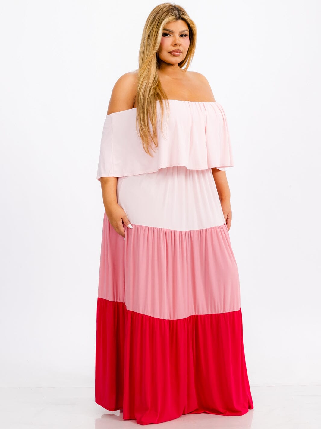 WOMEN'S OFF SHOULDER ELASTIC WAIST RUFFLE TIERED COLORBLOCK MAXI DRESS