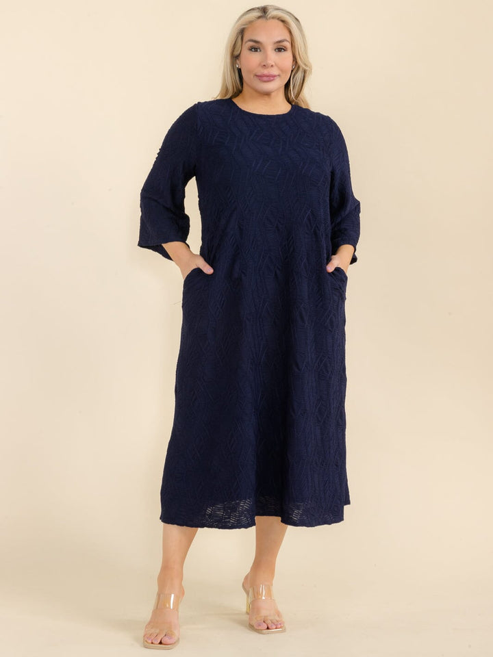 PLUS SIZE 3/4 SLEEVE FRONT POCKETS RUCHED DETAILED MAXI DRESS