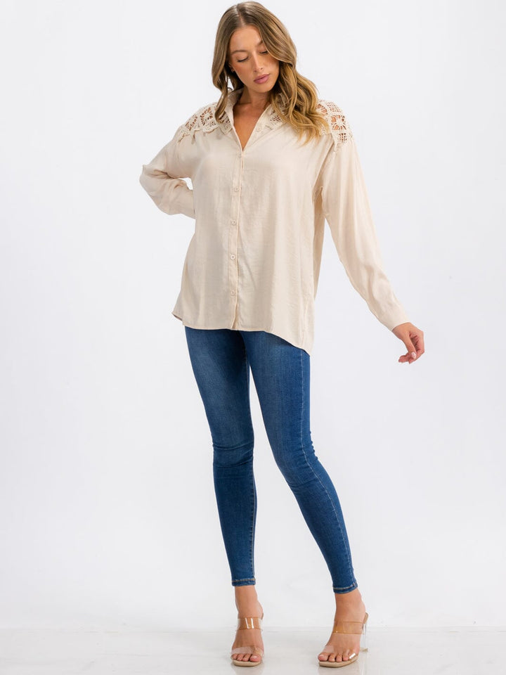WOMEN'S LONG SLEEVE BUTTON UP LACE CROCHET DETAILED TOP
