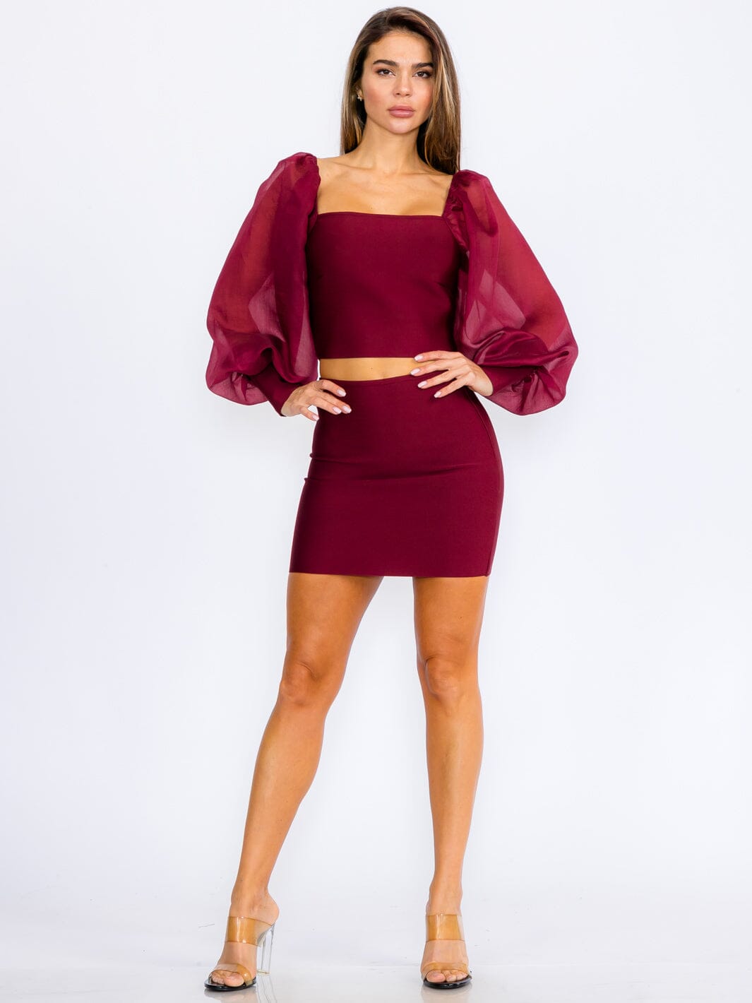 WOMEN'S LONG SLEEVE CROP TOP & ZIP UP MINI SKIRT BANDAGE 2PC.SET