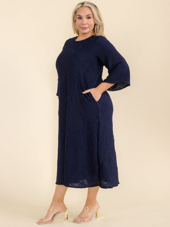 PLUS SIZE 3/4 SLEEVE FRONT POCKETS RUCHED DETAILED MAXI DRESS