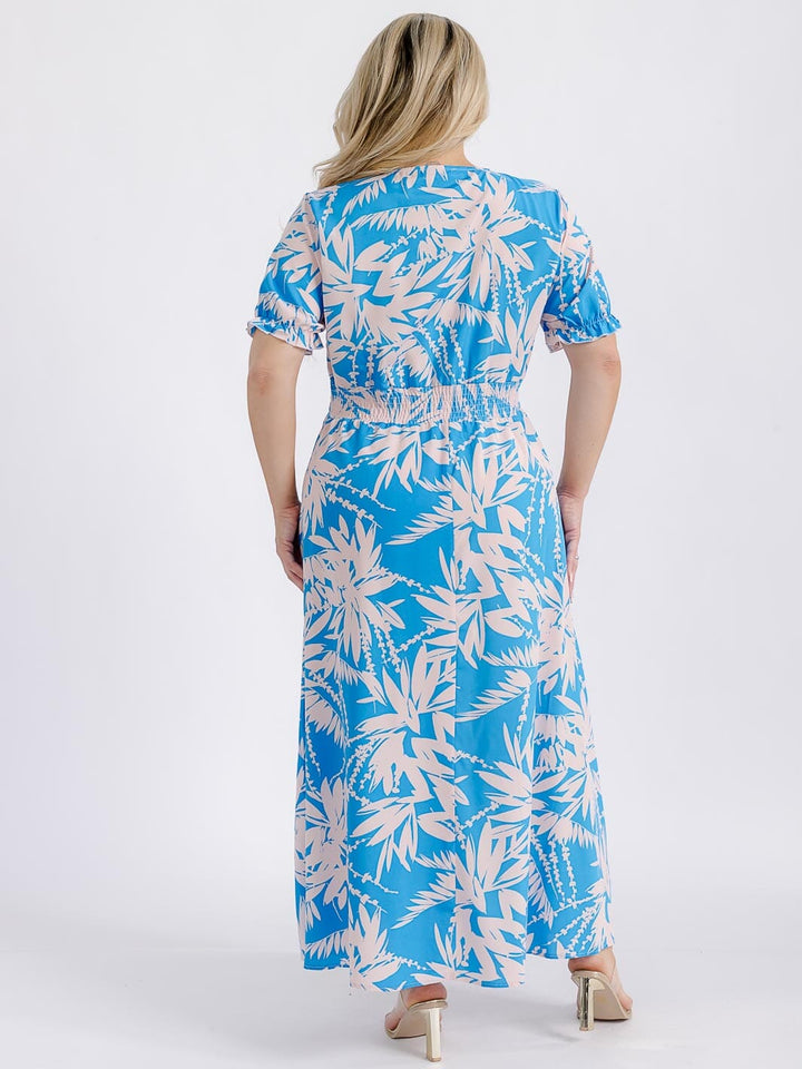 PLUS SIZE SHORT SLEEVE SURPLICE SMOCK WAIST FLORAL MAXI DRESS