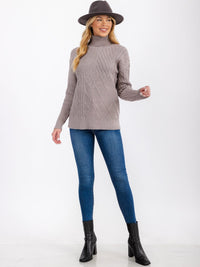 WOMEN'S LONG SLEEVE TURTLE NECK CABLE KNIT PULLOVER SWEATER