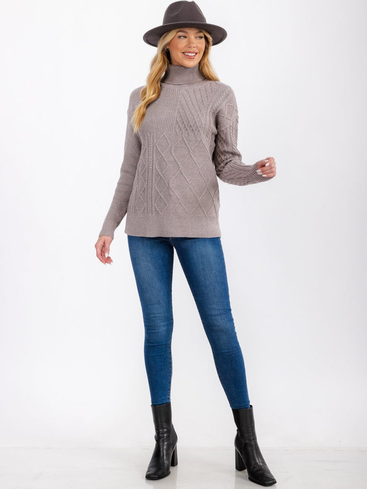 WOMEN'S LONG SLEEVE TURTLE NECK CABLE KNIT PULLOVER SWEATER