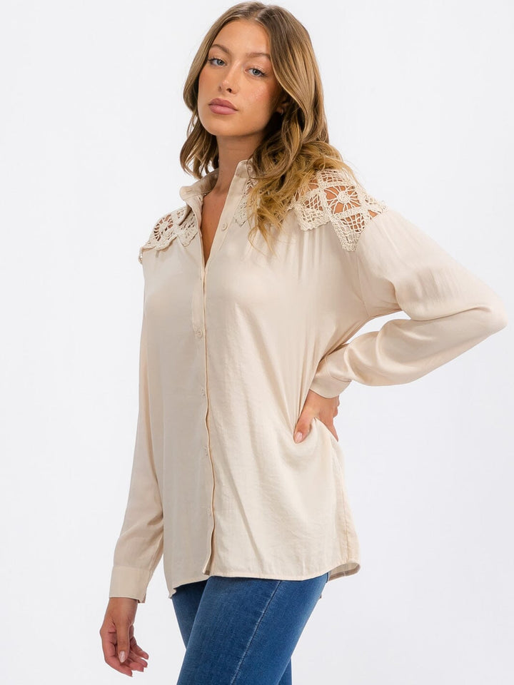 WOMEN'S LONG SLEEVE BUTTON UP LACE CROCHET DETAILED TOP