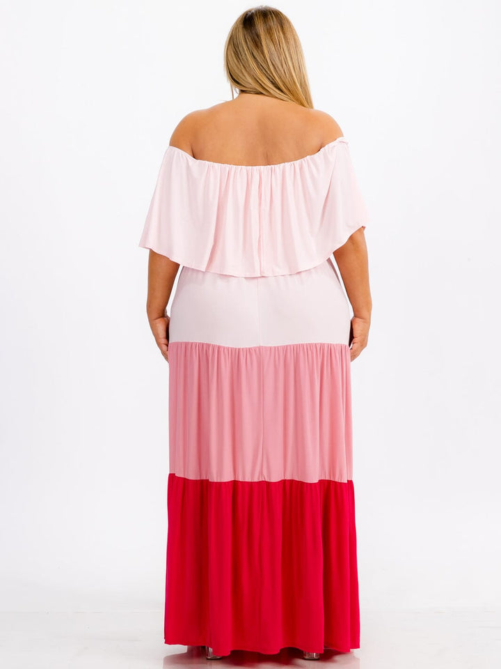 WOMEN'S OFF SHOULDER ELASTIC WAIST RUFFLE TIERED COLORBLOCK MAXI DRESS