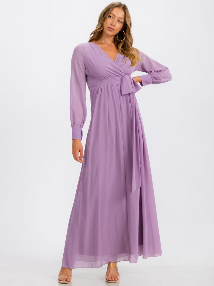 WOMEN'S LONG SLEEVE SURPLICE SELF TIE MAXI DRESS