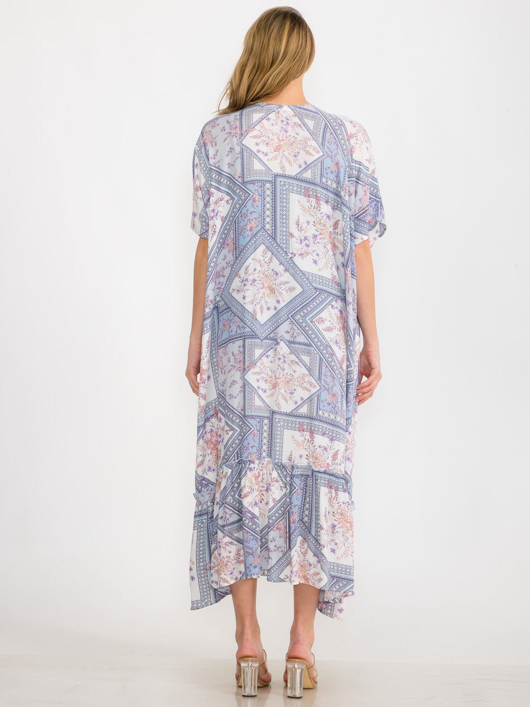 WOMEN'S SHORT SLEEVE MULTI PRINT RUFFLE BOTTOM HEM KIMONO