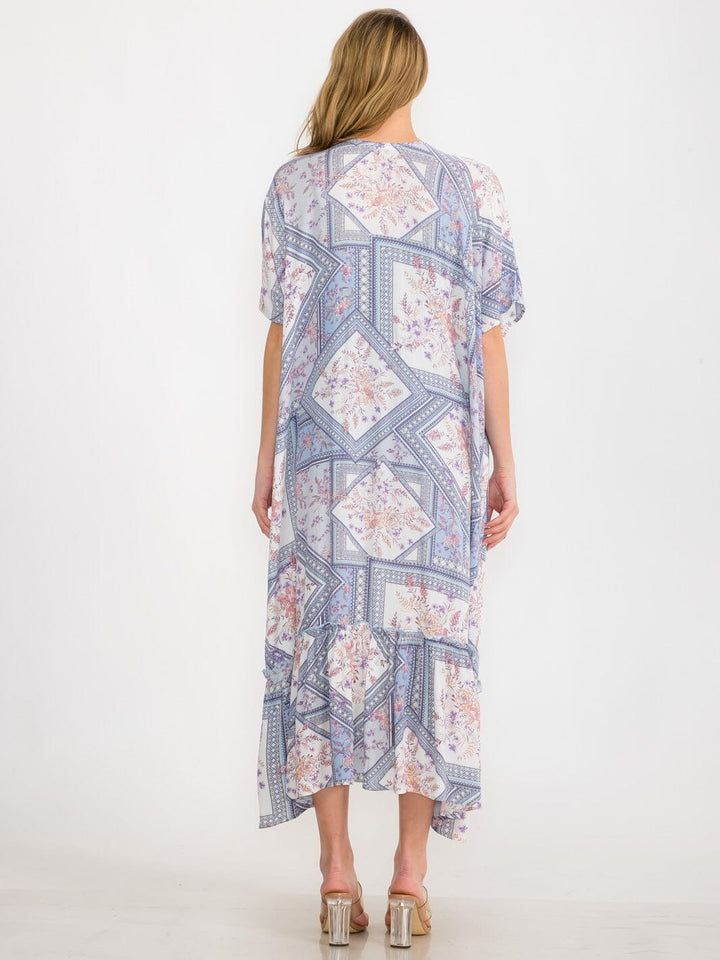 WOMEN'S SHORT SLEEVE MULTI PRINT RUFFLE BOTTOM HEM KIMONO