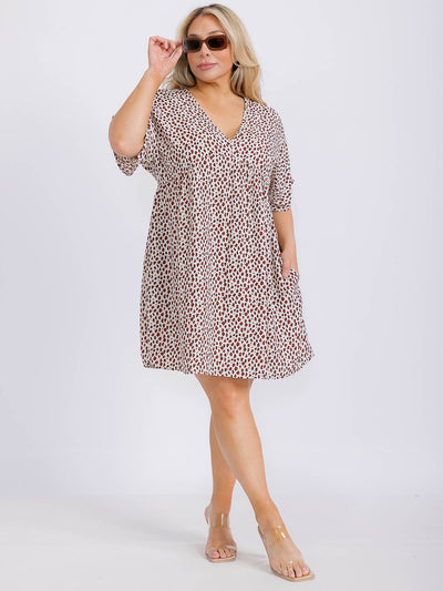 PLUS SIZE SHORT SLEEVE V-NECK FRONT POCKETS ANIMAL PRINT TUNIC MINI DRESS