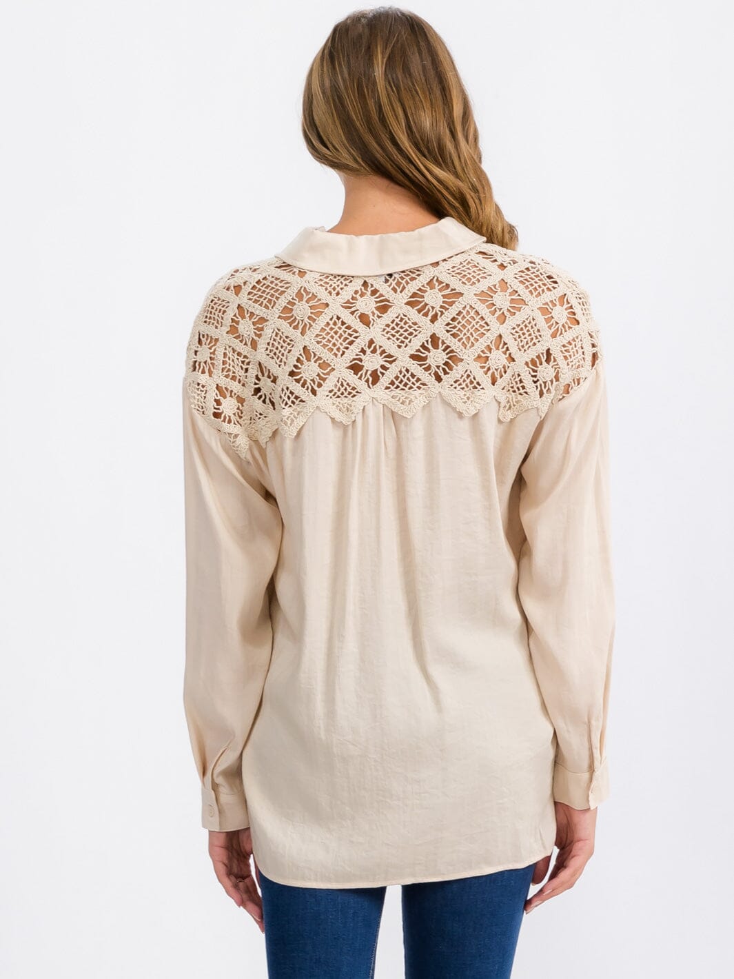 WOMEN'S LONG SLEEVE BUTTON UP LACE CROCHET DETAILED TOP