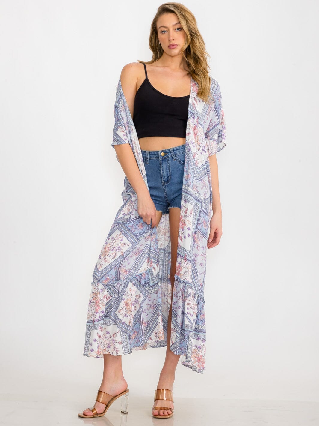WOMEN'S SHORT SLEEVE MULTI PRINT RUFFLE BOTTOM HEM KIMONO