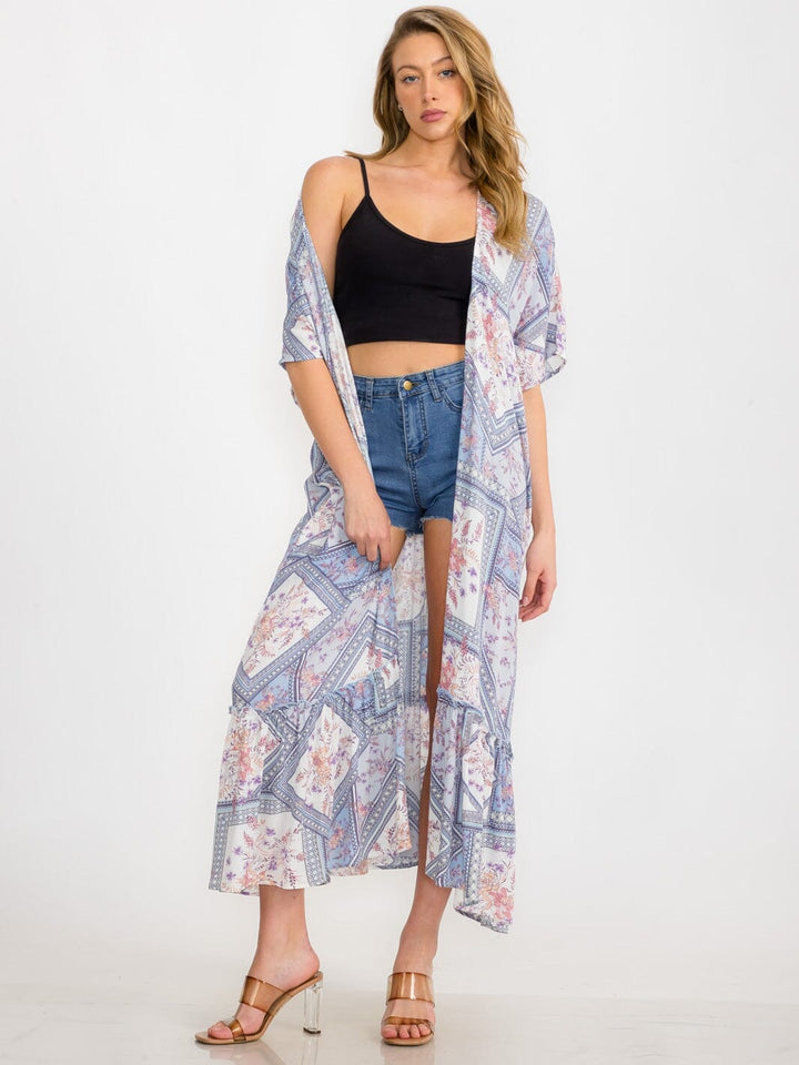 WOMEN'S SHORT SLEEVE MULTI PRINT RUFFLE BOTTOM HEM KIMONO
