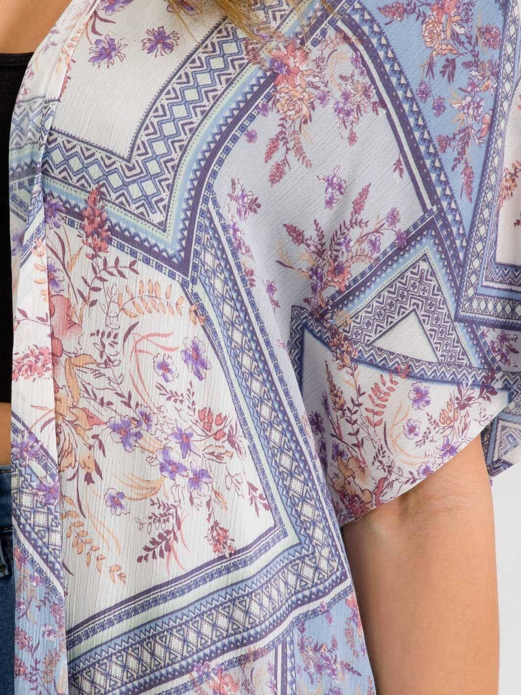 WOMEN'S SHORT SLEEVE MULTI PRINT RUFFLE BOTTOM HEM KIMONO