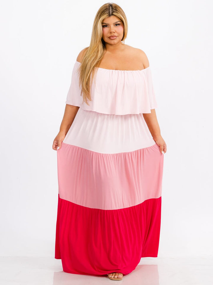 WOMEN'S OFF SHOULDER ELASTIC WAIST RUFFLE TIERED COLORBLOCK MAXI DRESS