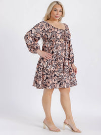 PLUS SIZE LONG PUFF SLEEVE CUT OUT MULTI PRINT MIDI DRESS