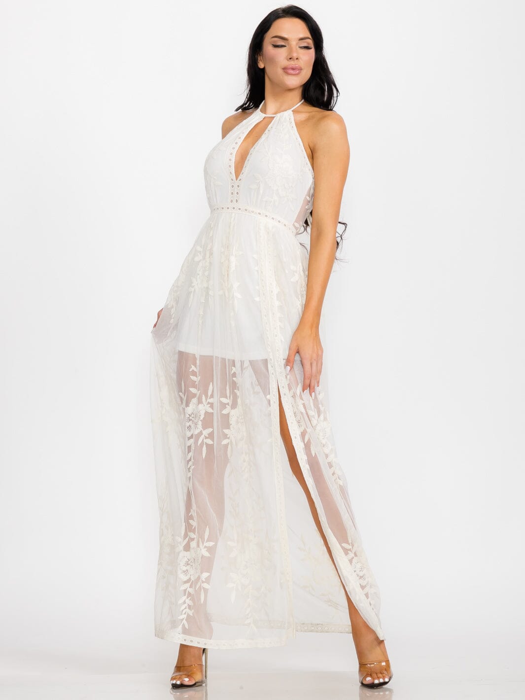 WOMEN'S SLEEVELESS HALTER NECK ALL OVER LACE MAXI DRESS