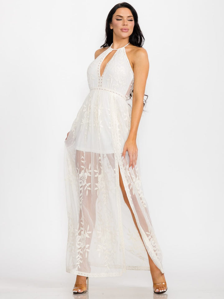 WOMEN'S SLEEVELESS HALTER NECK ALL OVER LACE MAXI DRESS