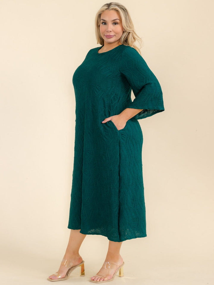 PLUS SIZE 3/4 SLEEVE FRONT POCKETS RUCHED DETAILED MAXI DRESS