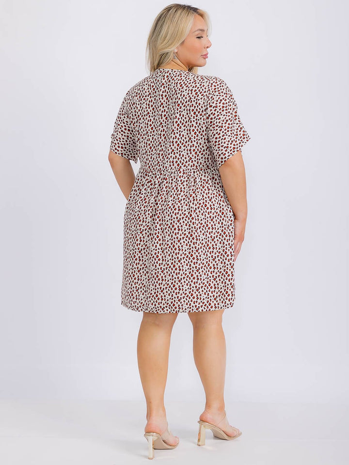 PLUS SIZE SHORT SLEEVE V-NECK FRONT POCKETS ANIMAL PRINT TUNIC MINI DRESS