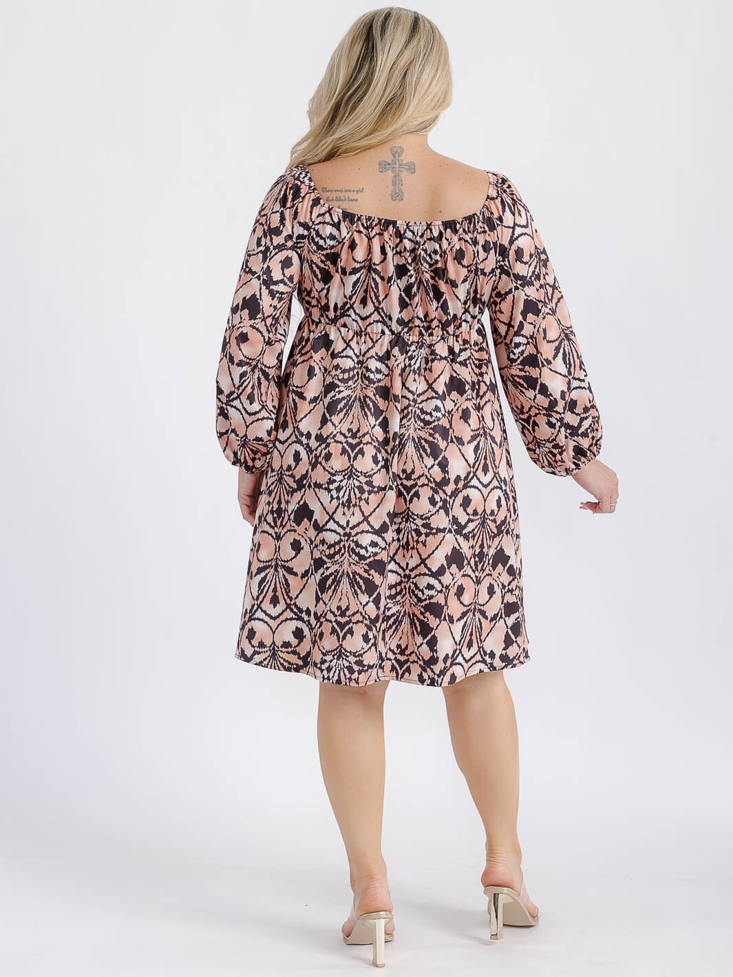 PLUS SIZE LONG PUFF SLEEVE CUT OUT MULTI PRINT MIDI DRESS
