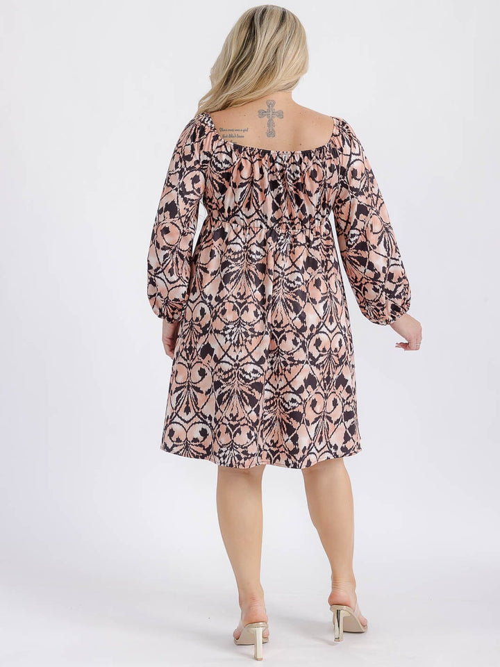 PLUS SIZE LONG PUFF SLEEVE CUT OUT MULTI PRINT MIDI DRESS