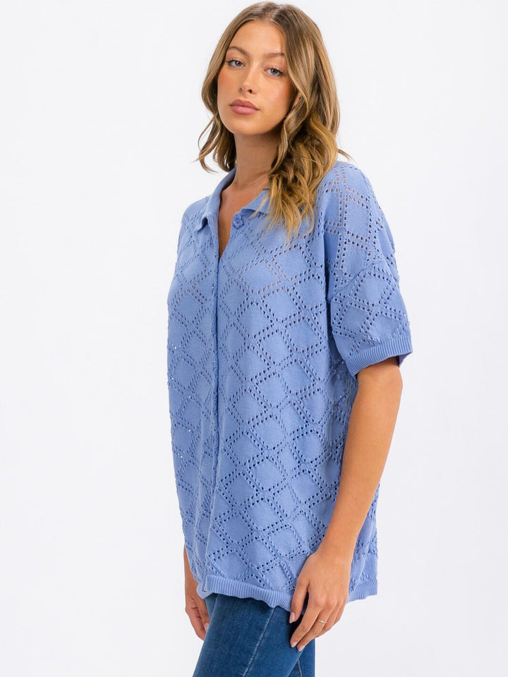 WOMEN'S SHORT SLEEVE BUTTON UP KNIT DETAILED TOP