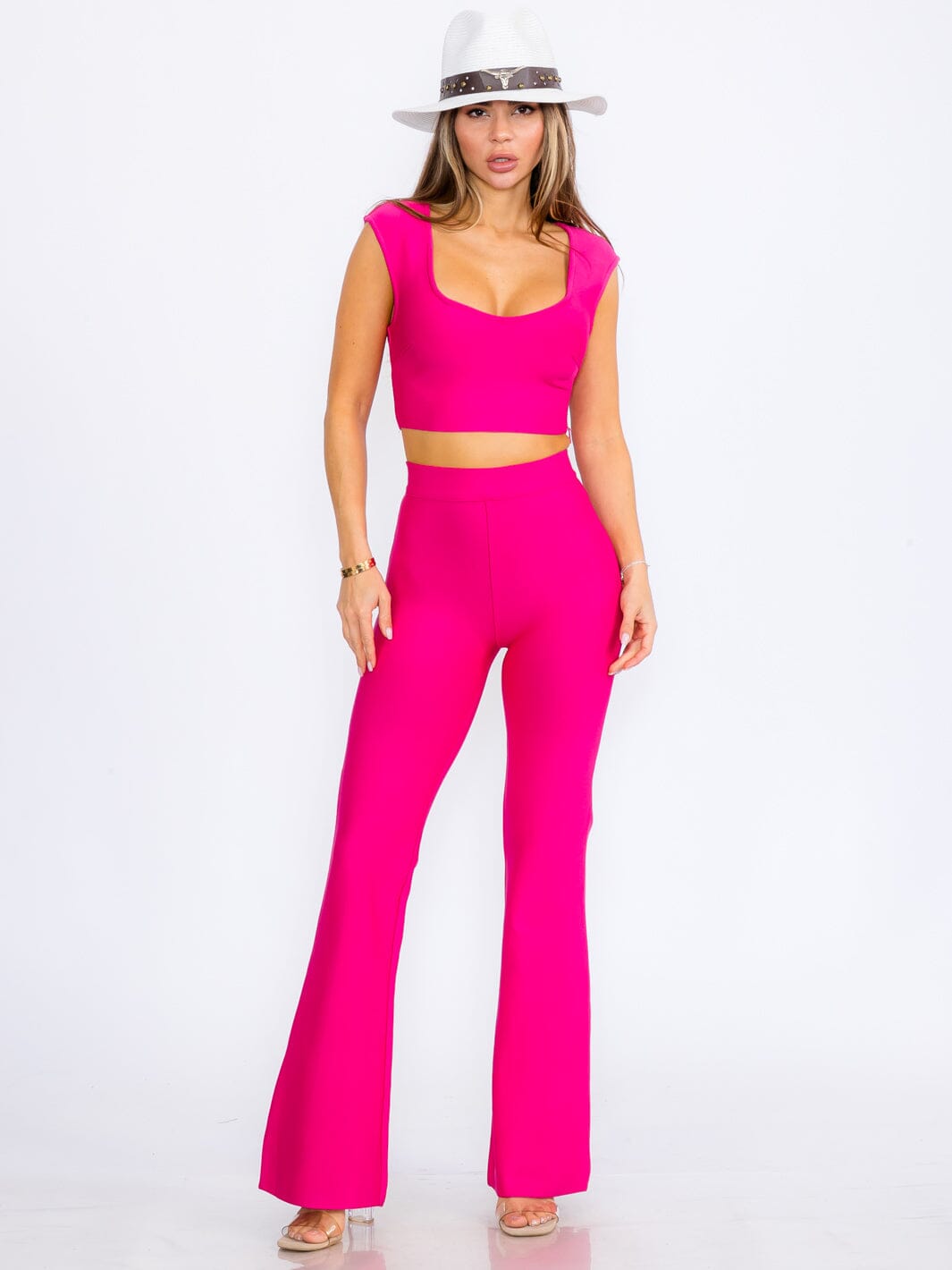 WOMEN'S SLEEVELESS SQUARE NECK CROP TOP & ZIP UP BELL LEG PANTS BANDAGE 2PC.SET