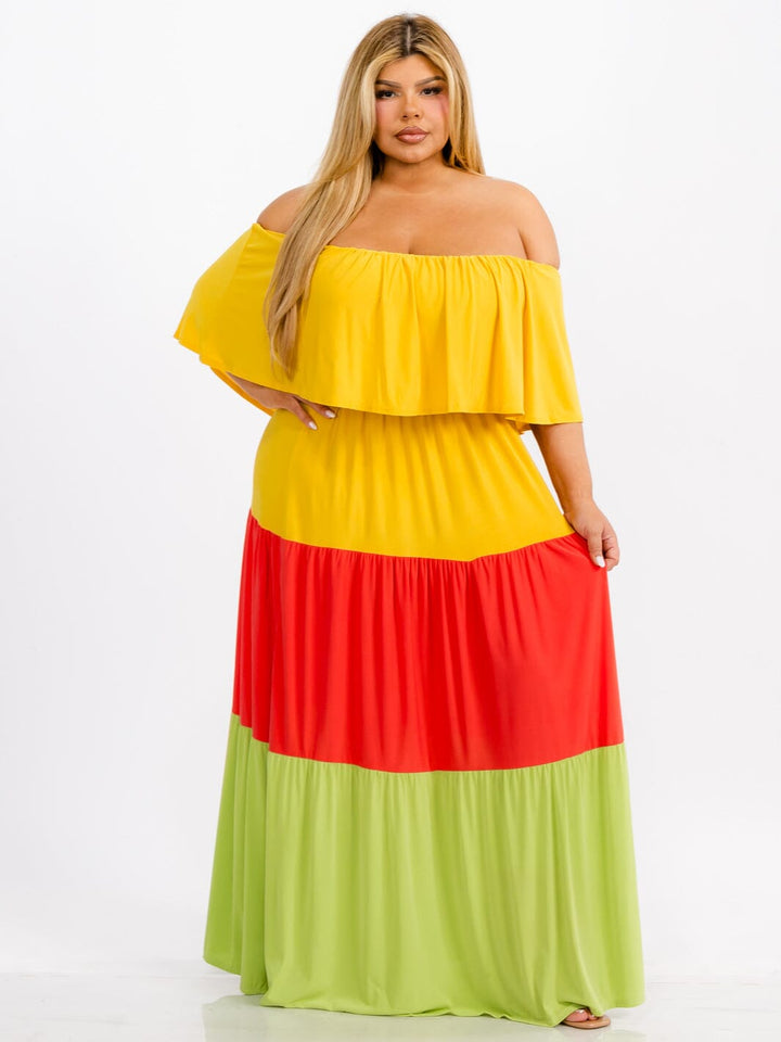 WOMEN'S OFF SHOULDER ELASTIC WAIST RUFFLE TIERED COLORBLOCK MAXI DRESS
