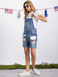WOMEN'S BUTTON CLOSURE POCKETS DISTRESS DENIM OVERALL