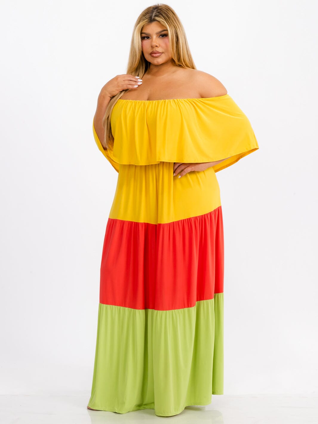 WOMEN'S OFF SHOULDER ELASTIC WAIST RUFFLE TIERED COLORBLOCK MAXI DRESS