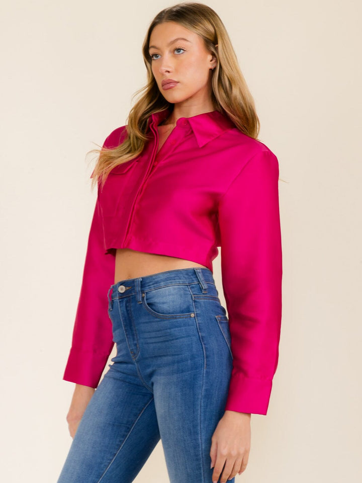 WOMEN'S LONG SLEEVE BUTTON UP COLLAR CROP TOP