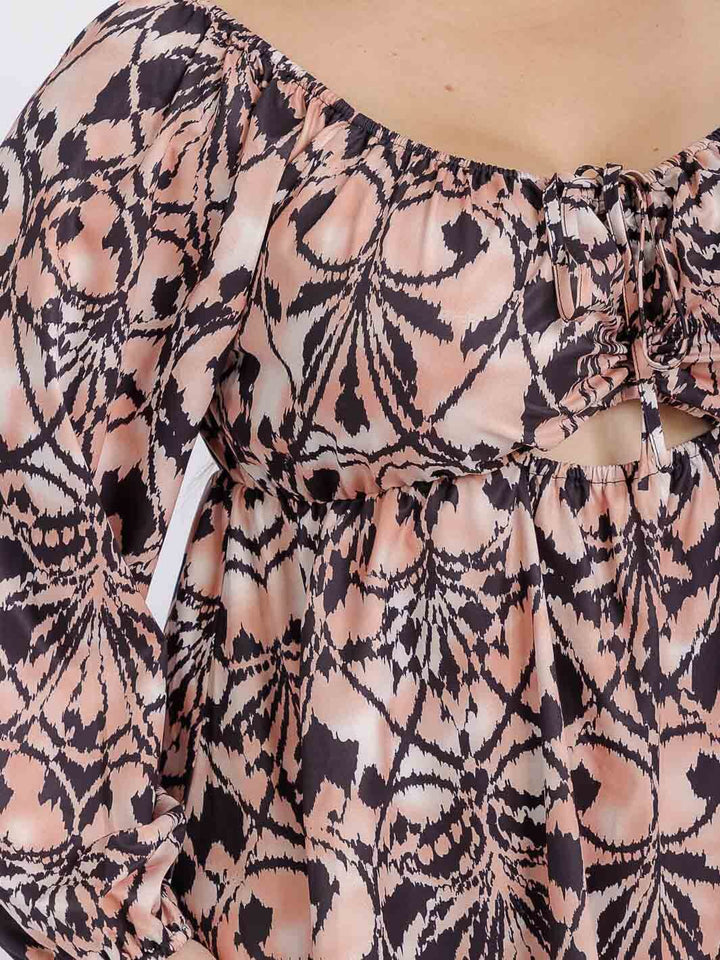 PLUS SIZE LONG PUFF SLEEVE CUT OUT MULTI PRINT MIDI DRESS