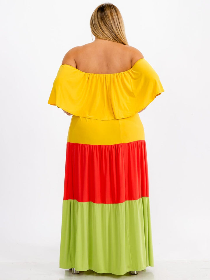 WOMEN'S OFF SHOULDER ELASTIC WAIST RUFFLE TIERED COLORBLOCK MAXI DRESS