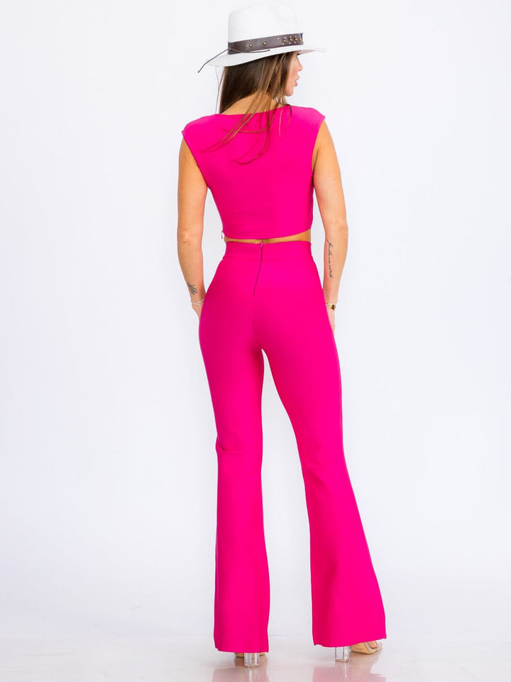 WOMEN'S SLEEVELESS SQUARE NECK CROP TOP & ZIP UP BELL LEG PANTS BANDAGE 2PC.SET